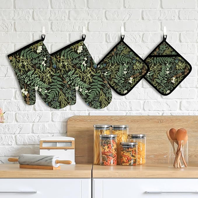Botanical Print Floral Oven Mitts and Pot Holders Sets Black Sage Green Leaves Kitchen Oven Gloves Hot Pads Farmhouse Potholders and Kitchen Mitts 4Pcs for Baking Cooking BBQ (Black)