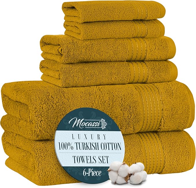 Mocassi Luxury 100% Turkish Cotton 6-Piece Towel Set - Ultra Soft, Quick Dry Highly Absorbent Premium Spa Hotel Quality Bath Towels, Includes 2 Bath Towels, 2 Hand Towels and 2 Washcloths, Gold