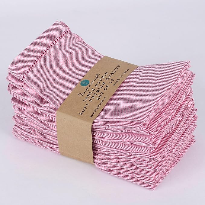 Fingercraft Cloth Napkins, Dual Color Hemstitched Design Dinner Napkins, Everyday Use,Premium Quality Cotton Napkins Perfect for Parties Dinners Weddings Christmas Set of 12, 20 inch Rose White