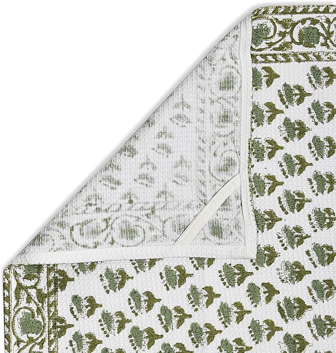 CPC Emerald Green Hand Block Print Waffle Kitchen Towel Set of 3-16 x28 Ultra Absorbent Quick Dry 100% Cotton Dish Towels Lightweight Reusable Sustainable Tea Towels for Cleaning and Drying
