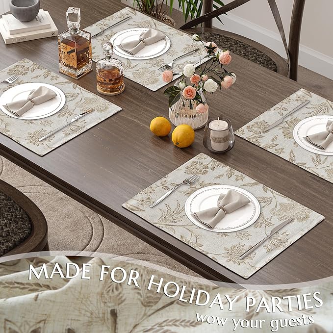 JINCHAN Linen Floral Fall Placemats Set of 4 Cloth Table Mats Rustic Cottagecore Jacobean Outdoor Seasonal for Kitchen Dining Table Decor Washable Tablemats 13x19 Inch Taupe