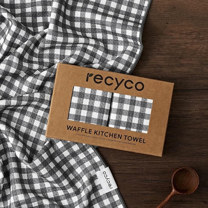 RECYCO Waffle Kitchen Towel Set of 2 - Quick Dry Microfiber Sustainable Dish Towels - Ultra Absorbent Reusable Cleaning Tea Towels - Lightweight Hand Towels,16”x 28”, Dove Gray Plaid