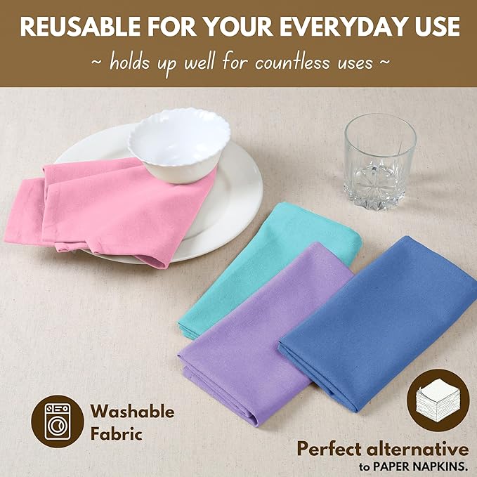 Native Fab Premium Multicolor Cloth Napkins 12 Pack, 100% Cotton, 17"x17", Soft, Reusable Table Linen, Ideal for Easter Brunch, Dinner, Spring Parties, Weddings, Holidays, Assorted Pastel Colors
