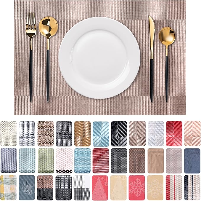 CADONO Placemats Set of 6 Washable Indoor/Outdoor Vinyl Place Mats for Dining Table Durable Non-Slip Heat Resistant PVC Weave Table Mats（Four-Corner-Khaki）