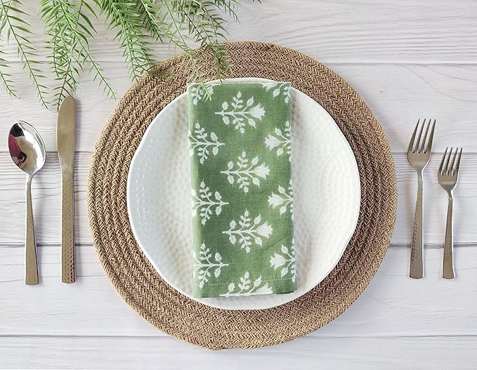 Craftbot Soft Cotton Dinner Napkins 18x18 inches - Washable Thin Cloth Napkins Set of 6 - Everyday Use or Dinner Party and Events - Sage Green Floral Pattern Lightweight Indian Block Print Fabric