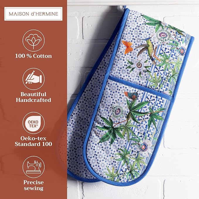 Maison d' Hermine Double Oven Mitts 100% Cotton 7"x35" Double Oven Mitt Heat Resistant BBQ Cooking Gloves with Loop Baking Grilling Gifts for Mothers Day Spring Summer (Passiflora)