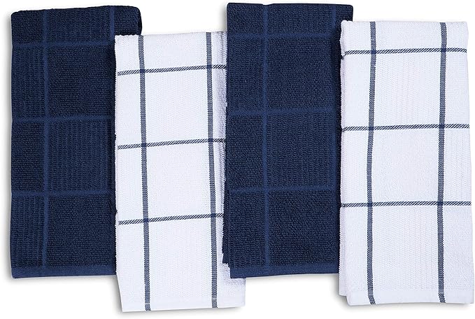 AMOUR INFINI Kitchen Towels Pack of 4, Terry Cotton Dish Towels, Ultra Absorbent, Quick Drying Hand & Tea Towels, Soft Durable Cleaning Cloths with Hanging Loop, 16 x 26 Inch (Navy/Blue)