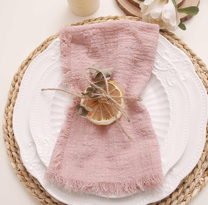 Cloth Napkins with Fringe Set of 12,100% Natural Soft Cotton, Easter Spring Washable Gauze Napkins for Wedding Decorative,Dinner Parties, (12 Pack, Dusty Pink)