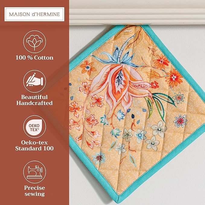 Maison d' Hermine Pot Holders 100% Cotton Heat Resistant Potholders 8" x 8" Hot Pads with Loop BBQ Baking Gifts for Mothers Day Handling Hot Pans Spring/Summer (Pack of 1, Luxury Loft - Peach)