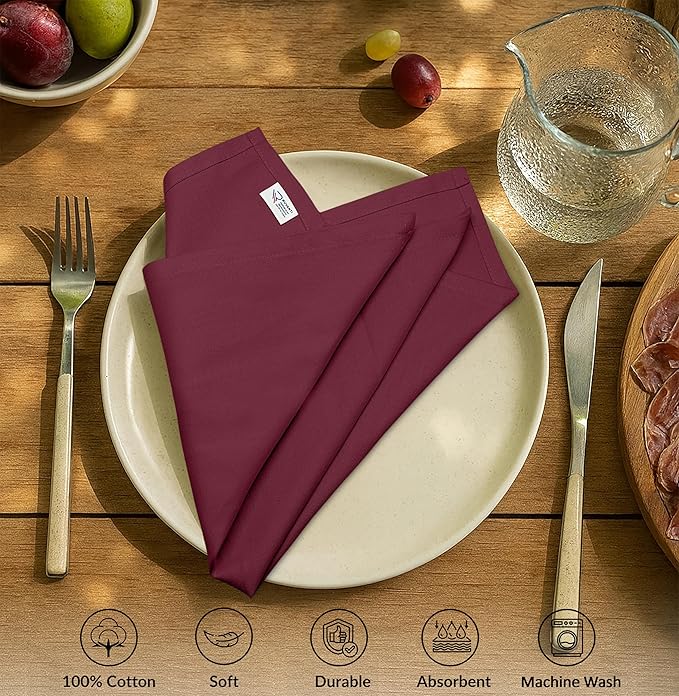 Ruvanti Cloth Napkins Set of 12, 100% Cotton High GSM 18x18 Inches Soft, Washable, Highly Durable & Absorbent, Perfect for Parties, Christmas, Thanksgiving Dinners – Burgundy