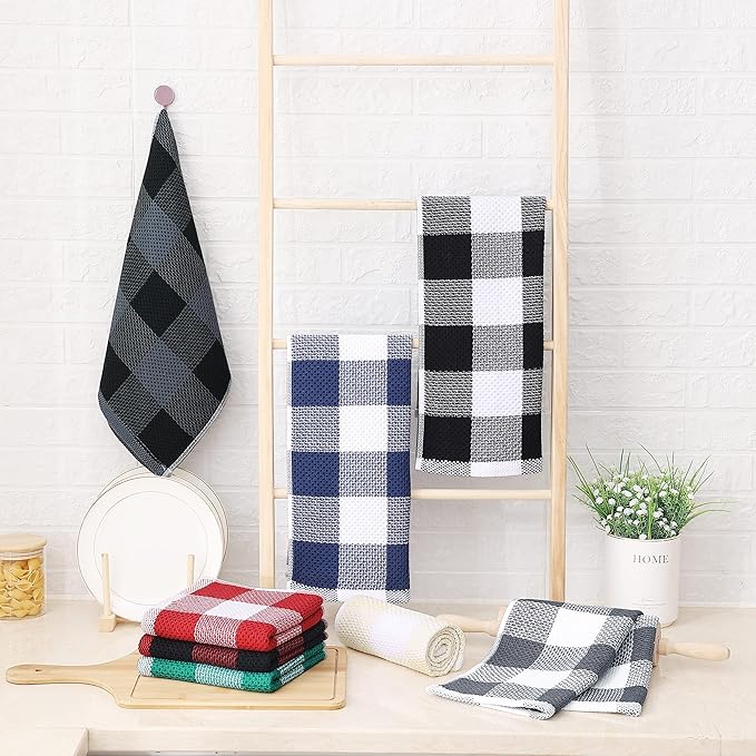 Homaxy 100% Cotton Waffle Weave Check Plaid Kitchen Towels, 13 x 28 Inches, Super Soft and Absorbent Dish Towels for Drying Dishes, 6-Pack, White & Black