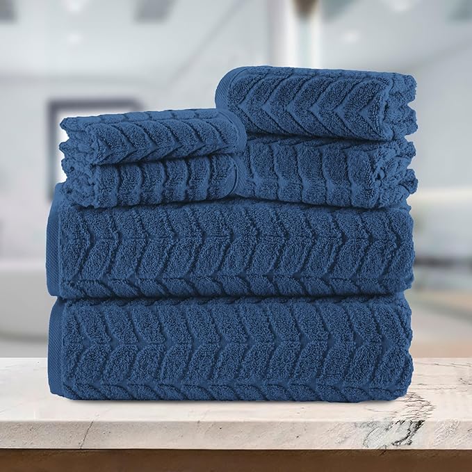 Elegant Comfort Luxury 6-Piece 100% Turkish Cotton Jacquard Braided Textured Premium Hotel Quality Towel Set– Soft and Absorbent, Includes 2 Bath Towels, 2 Hand Towels and 2 Washcloths, Navy
