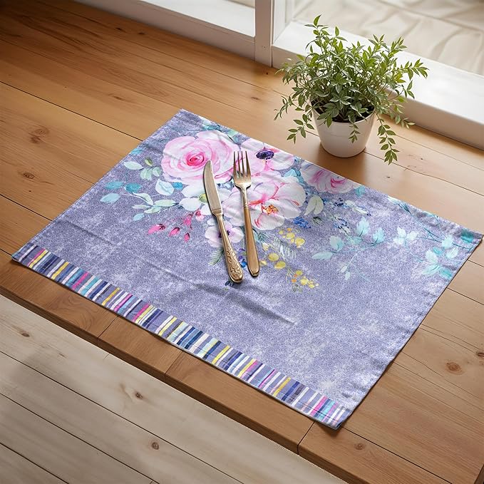 Maison d' Hermine Placemats Set of 4 100% Cotton Washable Cloth Place Mats Reusable Table Mats for Kitchen Dining Party Gifts for Mothers Day Spring/Summer (Sweet Rose Lavender - Lush, 13" x 19")