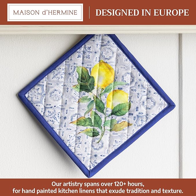 Maison d' Hermine Pot Holders 100% Cotton Heat Resistant Potholders 8" x 8" Hot Pads with Loop BBQ Cooking Baking Gifts for Mothers Day Handling Hot Pans Spring/Summer (Pack of 1, Citrus)