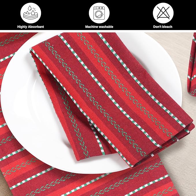 Bedding Craft Cotton Cloth Napkins Set of 12-18x18 Inch Machine Washable Dinner Napkins, Set of 12 Red Green Multi Salsa Stripe Napkins, Wedding Napkins, Cotton Cloth Napkins for Everyday Use