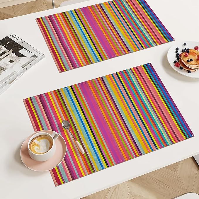 Bloss Mexican Placemats Set of 4, Linen Woven Rainbow Place Mats for Kitchen Table Indoor/Outdoor, 12" x 18" Washable Placemat Dining Table Mats