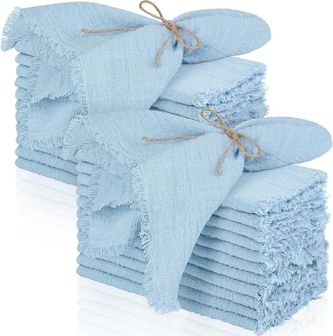 TURSTIN 24 Pieces Cotton Linen Cloth Napkin Handmade Cloth Napkin with Fringe 17 x 17 Inch Soft Cloth Dinner Wedding Napkin Square Rustic Fringe Table Napkin for Dinners, Parties, Weddings, Light Blue
