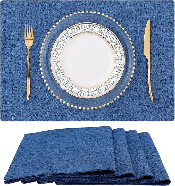 homing Cotton Linen Placemats Set of 4, Cloth Washable Farmhouse Dining Table Mats for Indoors & Outdoors, Easy to Clean, Navy Blue, 13 x 19 Inch