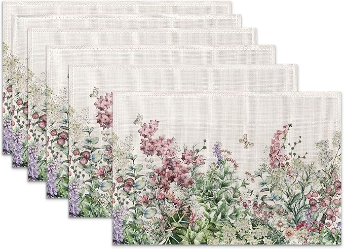 Placemats Set of 6,Wildflower Linen Table Mats Spring Floral Butterfly Heat Resistant Place Mats Washable Dining Table Mats for Indoor Outdoor Kitchen Decor Easy Clean 12 x 18 Inch