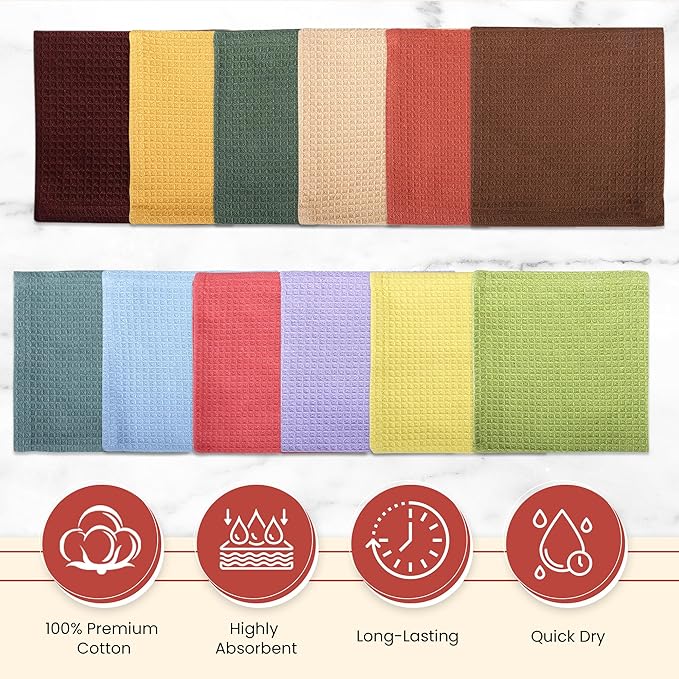 Vintage Vista 100% Cotton Waffle Dish Cloths (Pack of 12) - Dish Rags for Washing Dishes - Reusable & Highly Absorbent Kitchen Towels - Kitchen Rags fo Easter - (12" x 12" - Multicolor I)