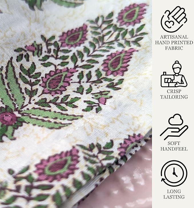 Craftbot Soft Cotton Dinner Napkins 18x18 inches - Washable Thin Cloth Napkins Set of 6 - Everyday Use or Dinner Party and Event - Beige with Green Floral Pattern LIGHTWEIGHT Indian Block Print Fabric