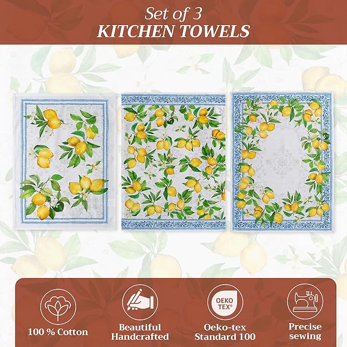 Maison d' Hermine Kitchen Towels Set of 3 100% Cotton 27.50" x 20" Reusable Cloth Tea Dish Towels Absorbent with Hanging Loop for Kitchen Gifts for Mothers Day Spring/Summer (Cedrat)