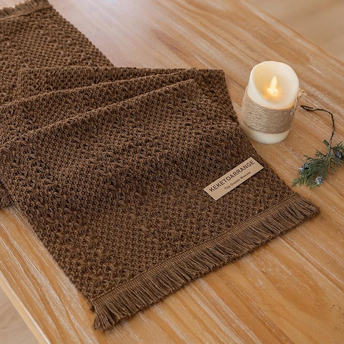 Keketoarrange Boho Brown Table Runner for Home Decor 13x48 Inches Farmhouse Small Macrame Woven Burlap Jute Rustic Coffee Table Runner Dresser Scarf Dining Kitchen Centerpiece Bohemian Decor