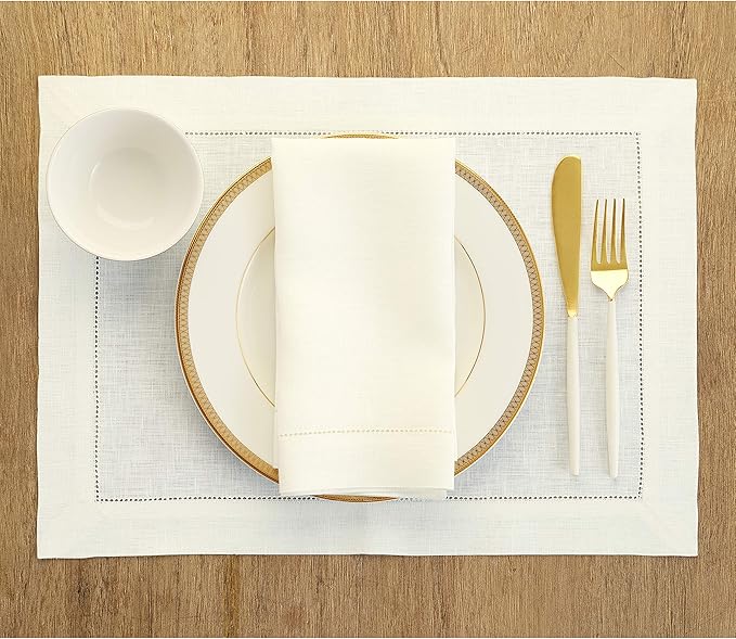 Solino Home Linen Placemats Set of 4 - Classic Hemstitch Ivory Placemats 14 x 19 Inch - 100% Pure Linen Table Mats for Spring, Summer, Mothers Day