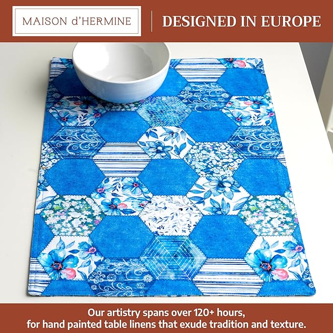 Maison d' Hermine Placemats Set of 4 100% Cotton Washable Cloth Place Mats Reusable Table Mats for Kitchen Dining Party Wedding Gifts for Mothers Day Spring/Summer (Summer Blues, 13" x 19")