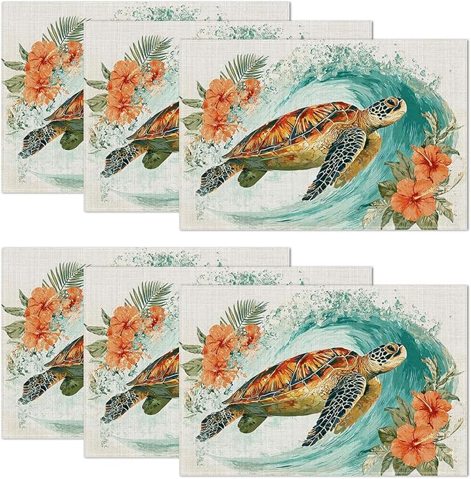 Sea Turtle Flowers Placemats Set of 6,12 x 18 Inch Table Mats Washable Heat Resistant Linen Fabric Rectangle Place Mat for Party Home Kitchen Dining