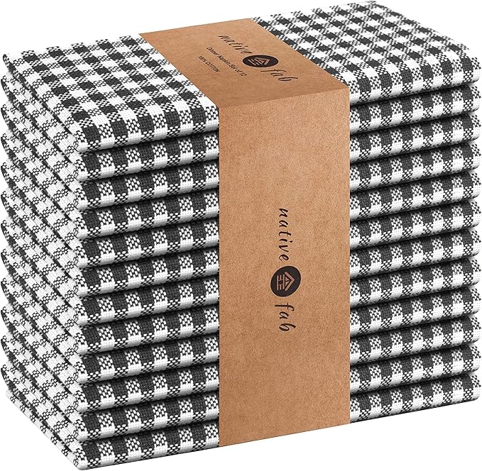 Native Fab Gingham Mini Check Cloth Napkins, Set of 12, 16x16 inches, 100% Cotton, Set of 12, Washable Soft Breathable Absorbent, Black White