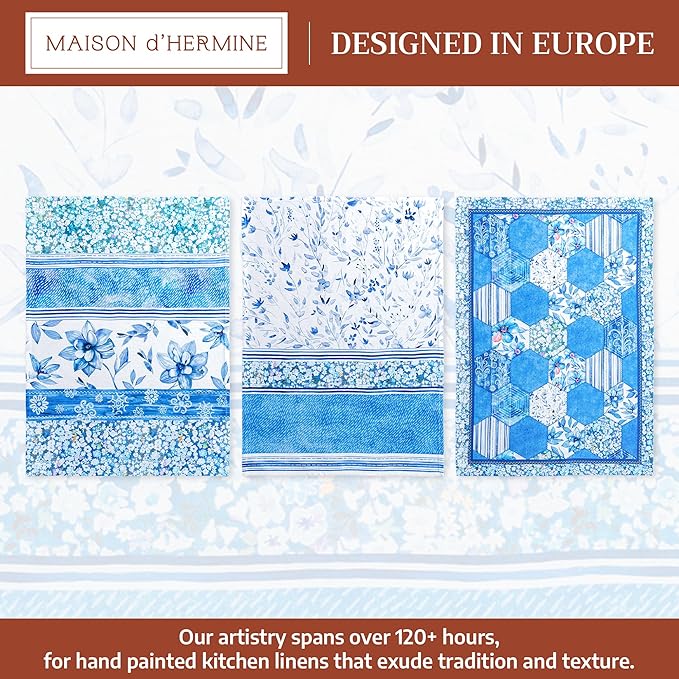 Maison d' Hermine Kitchen Towels Set of 3 100% Cotton 27.50" x 20" Reusable Cloth Tea Dish Towels Absorbent with Hanging Loop for Kitchen Gifts for Mothers Day Spring/Summer (Summer Blues)