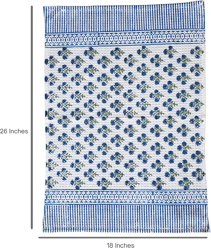 ATOSII 100% Cotton Hand Block Print Waffle Kitchen Towel, Set of 3, 18 x 26 Inches Ultra Absorbent Quick Dry Dish Towels, Reusable Sustainable Tea Towels for Cleaning and Drying, Gulbahar Blue