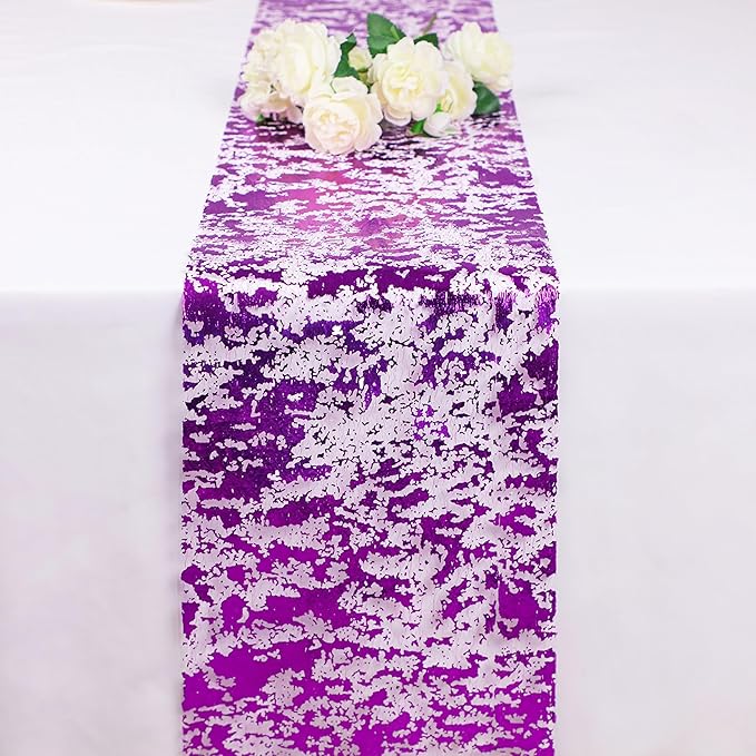 Snowkingdom 2 Pieces Purple Table Runner, Sequin Glitter Foil Metallic Thin Mesh Runners Roll 11"x108" for Romantic Wedding Bridal Shower Birthday Anniversary, Purple Party Table Decorations