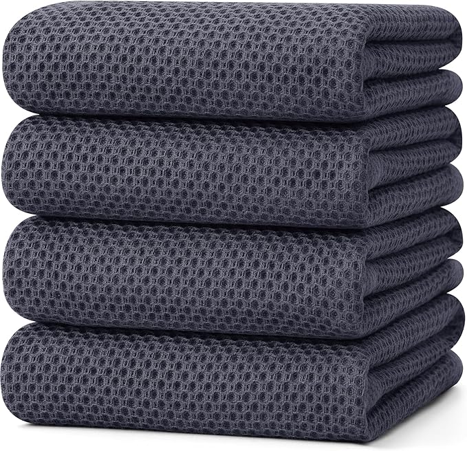 Kitinjoy 100% Cotton Waffle Weave Kitchen Towels (20 X 28 Inches, Dark Grey), 4-Pack Super Soft and Absorbent Dish Towel for Drying Dishes