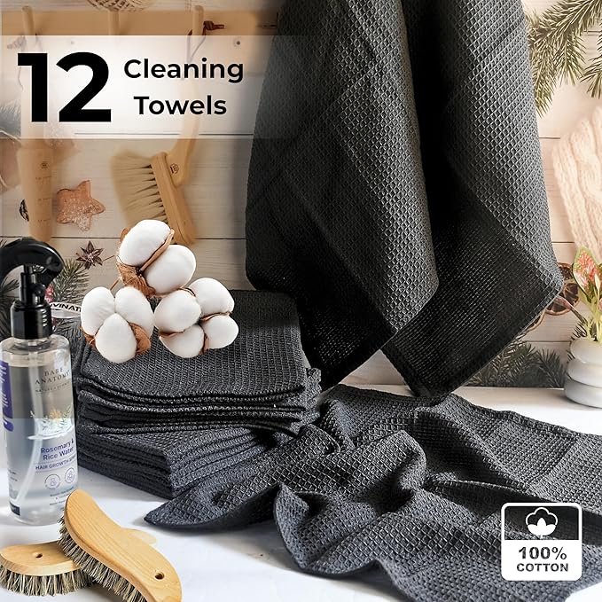 Dark Gray Cotton Cleaning Rags For Housekeeping - Trapos Paños De Limpieza Reutilizables - Kitchen Bar Shop Towel Dish Mop Wash Cloth For House - Reusable Washable Absorbent - 13"x13" 12 Pack