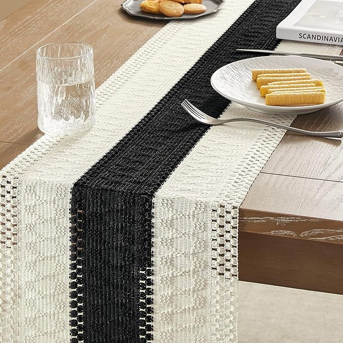 ZeeMart Macrame Style Bicolor Stitching Table Runner, 12 x 108 Inch Black/Ivory, Boho Black Table Runners 108 Inches Long, Farmhouse Woven Home Decor