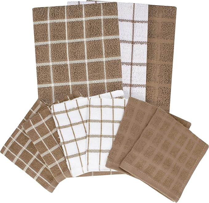 Ritz Premium 3-Pack Kitchen Towel & 6-Pack Dish Cloth Set - Highly Absorbent, Super Soft, Long-Lasting, 100% Cotton Terry Drying Cleaning Cloths, Mocha