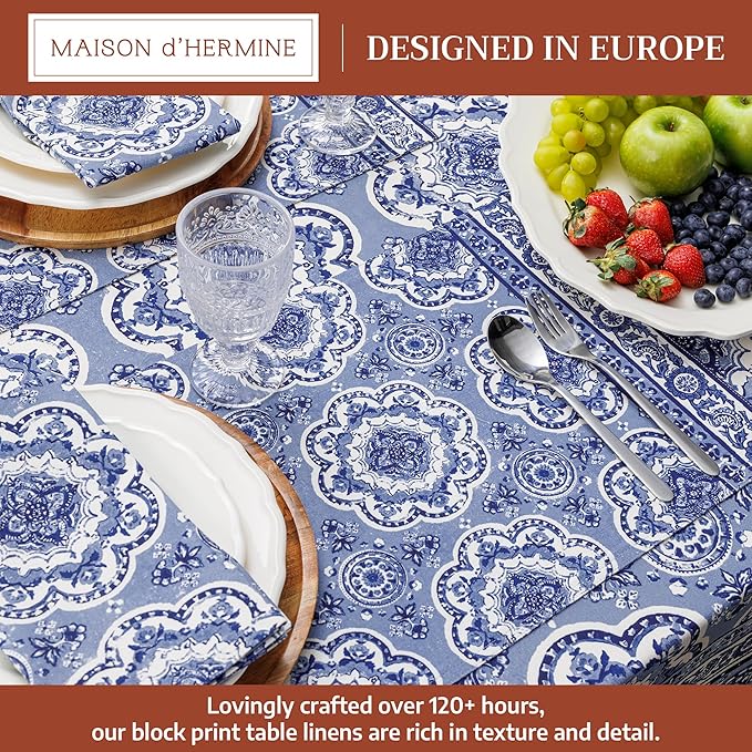 Maison d' Hermine Placemats Set of 4 100% Cotton Washable Cloth Place Mats Reusable Table Mats for Kitchen Dining Party Wedding Gifts for Mothers Day Spring/Summer (Melodie Bleue, 13" x 19")