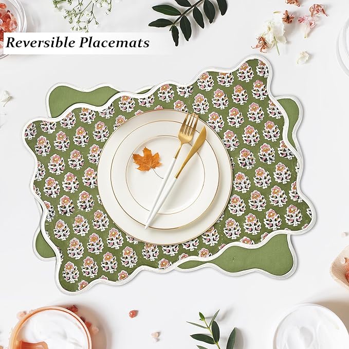 CPC Cotton Placemats Jade Green Set of 4-Hand Block Printed Reversible Placemats, Machine Washable, Flower Scalloped & Embroidered Cloth Table Mats - 14 x 20 inch