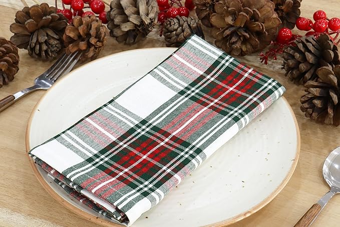 PurpleEssences Tartan Plaid Cloth Napkins - Mitered Corners - Spring Easter Summer - Scottish Check Dinner Napkin - Set of 12-100% Cotton - 18x18 Inch - Reusable Washable - Red and White