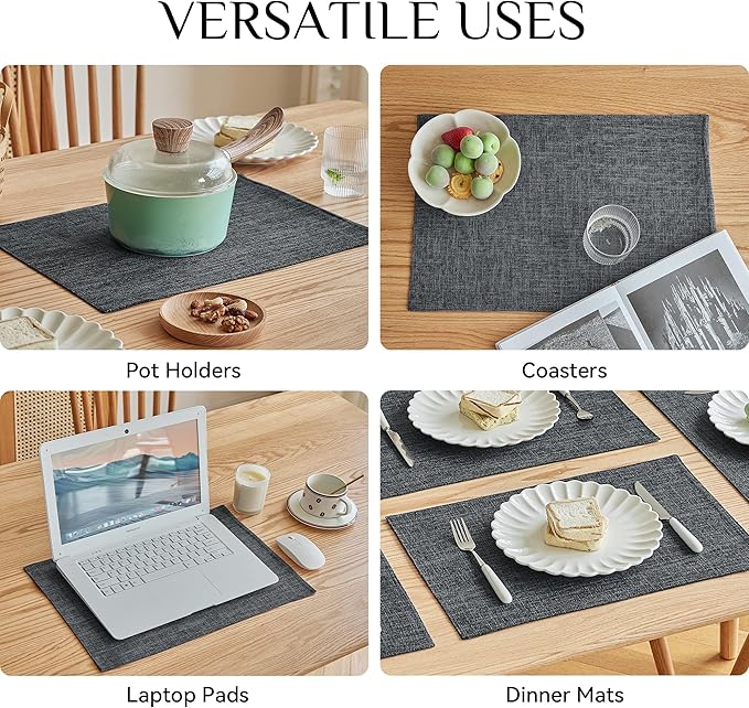 Softalker Faux Linen Placemats Set of 4-12 x 18 Inch, Heat Resistant Double Layered Durable Burlap Farmhouse Place Mats, Non-Slip Washable Rustic Table Mats for Dining, Kitchen, Party（Dark Grey
