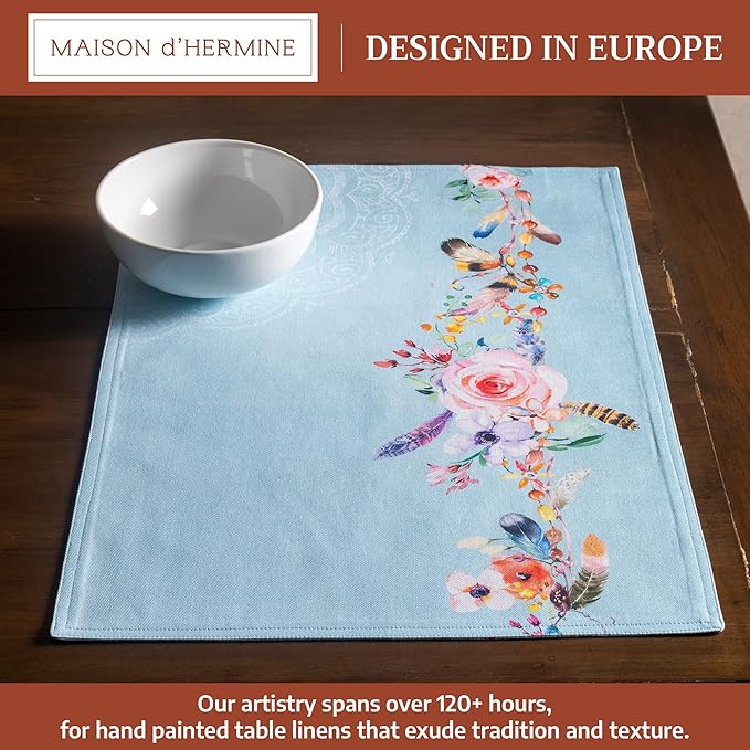 Maison d' Hermine Placemats Set of 4 100% Cotton Washable Cloth Place Mats Reusable Table Mats for Kitchen Dining Party Wedding Gifts for Mothers Day Spring/Summer (Ibiza - Blue, 13" x 19")