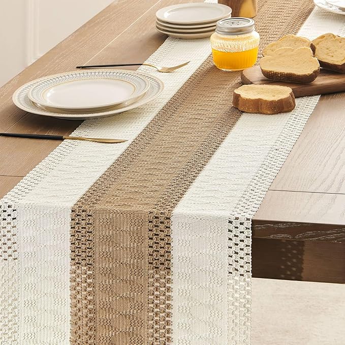 ZeeMart Macrame Style Bicolor Stitching Table Runner, 14 x 108 Inch Brown/Ivory, Boho Neutral Table Runners 108 Inches Long, Farmhouse Woven Home Decor