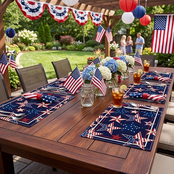 4th of July Red White Blue Star Placemats, USA 250th Anniversary 1776-2026 Independence Day Watercolor Star Table Mats, Washable Patriotic Placemats for Memorial Day Party Decor, Set of 6