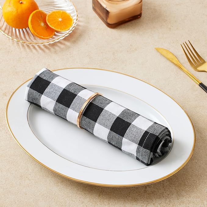 Cloth Napkins Set of 12, 100% Cotton Dinner Napkins 18x18 Inch, Soft Absorbent Gingham Check Napkin for Restaurant, Table Décor, Reusable Washable for Everyday Use - Black/White