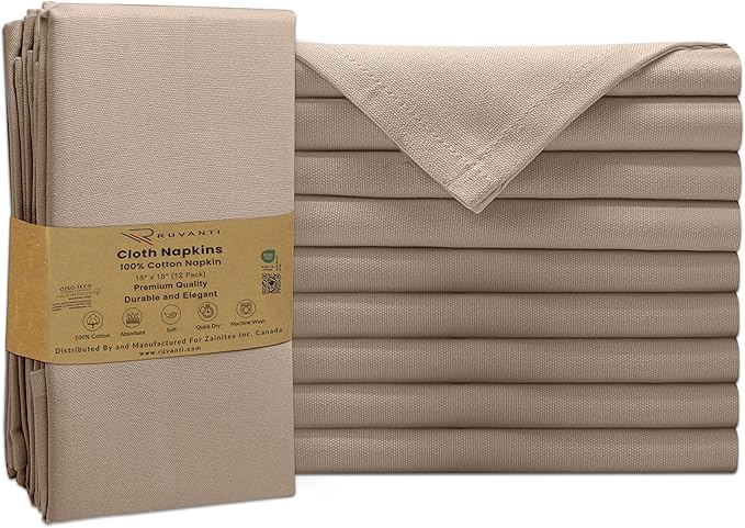 Ruvanti Cloth Napkins Set of 12, 100% Cotton High GSM 18x18 Inches Soft, Washable, Highly Durable & Absorbent, Perfect for Parties, Christmas, Thanksgiving Dinners – Light Taupe