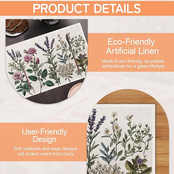 Vintage Flower Placemats Set of 6,Herb Plants Dinner Table Mats Non-Slip Washable Mats for Kitchen Dinner Party Tablemat 12x18Inch