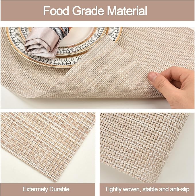 SLKQG Beige Placemats Set of 4 - Easy Clean Washable Vinyl Placemats - Wipeable Heat Resistant Table Mats for Dining Table - 17.7x11.8 Inch (4, Beige)