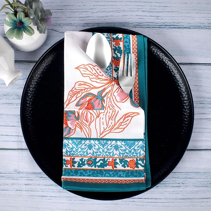 FINGERCRAFT Cloth Napkins, Set of 4 Cotton Linen Blend Printed Dinner Napkins Cloth Mitered Corner Perfect for Parties Dinners Weddings Cocktail Christmas Easter 20x20 Garland
